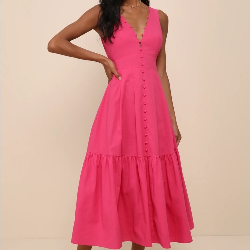 Lulus Blissful Afternoon Hot Pink Linen Tie-Back Midi Dress